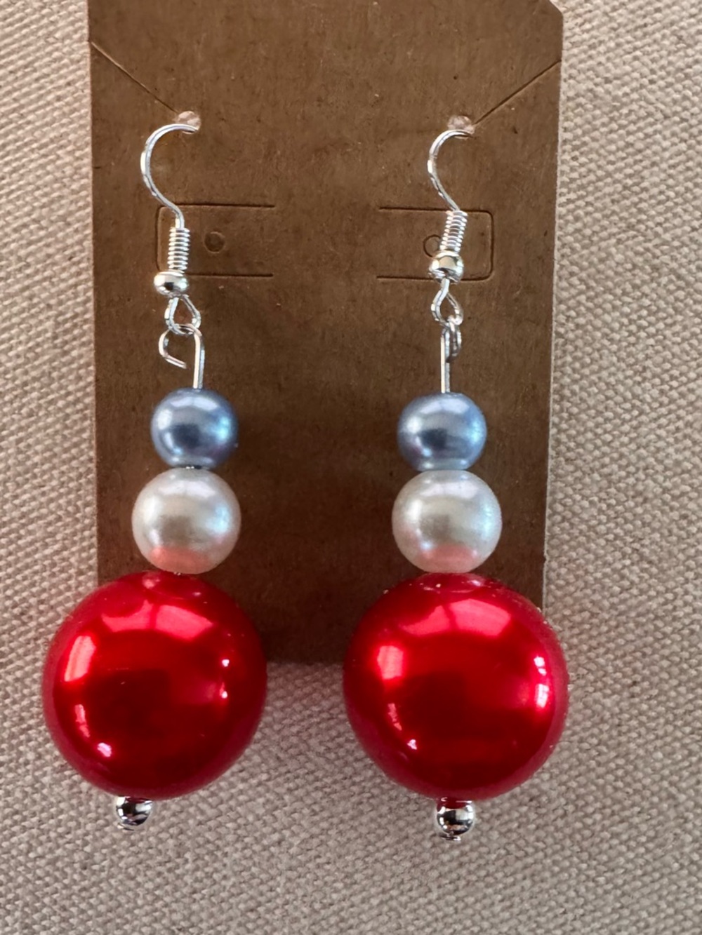 NWT Handcrafted Patriotic Red White & Blue Earrings Faux Pearls